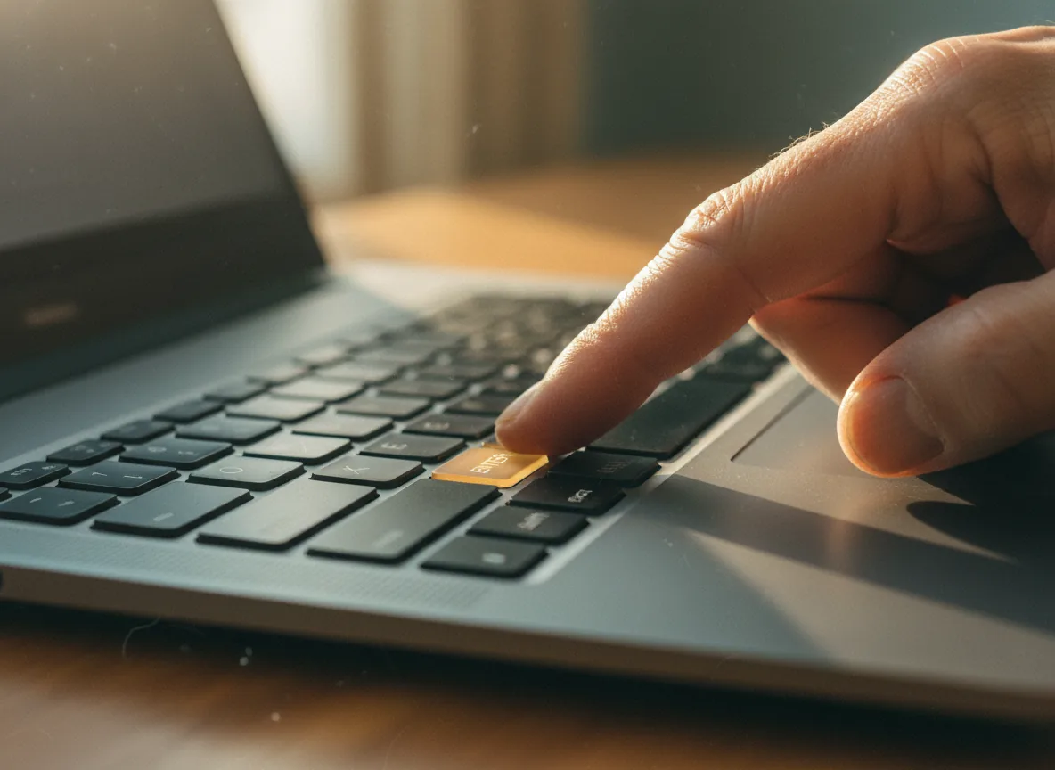 A finger about to press a keyboard key — the moment of activating dictation