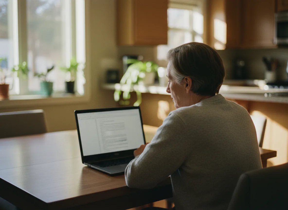 An older adult speaks toward a laptop and watches text appear on screen