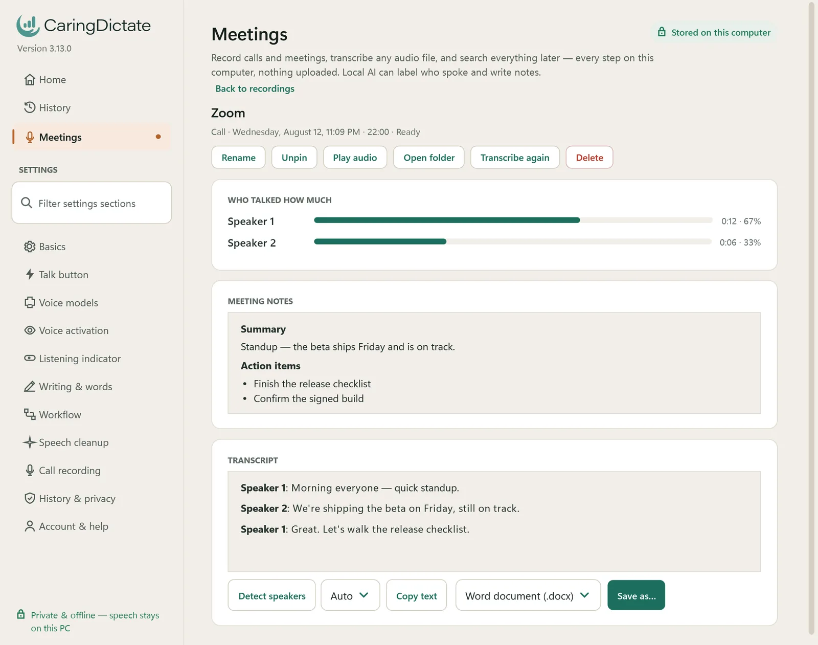 A recorded Zoom call in CaringDictate showing a talk-time breakdown for two speakers, AI-written meeting notes with action items, and a transcript labelled Speaker 1 and Speaker 2