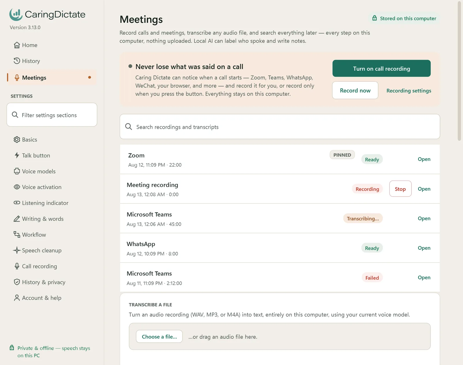 The Meetings page in CaringDictate, listing recorded calls from Zoom, Microsoft Teams and WhatsApp with their transcription status