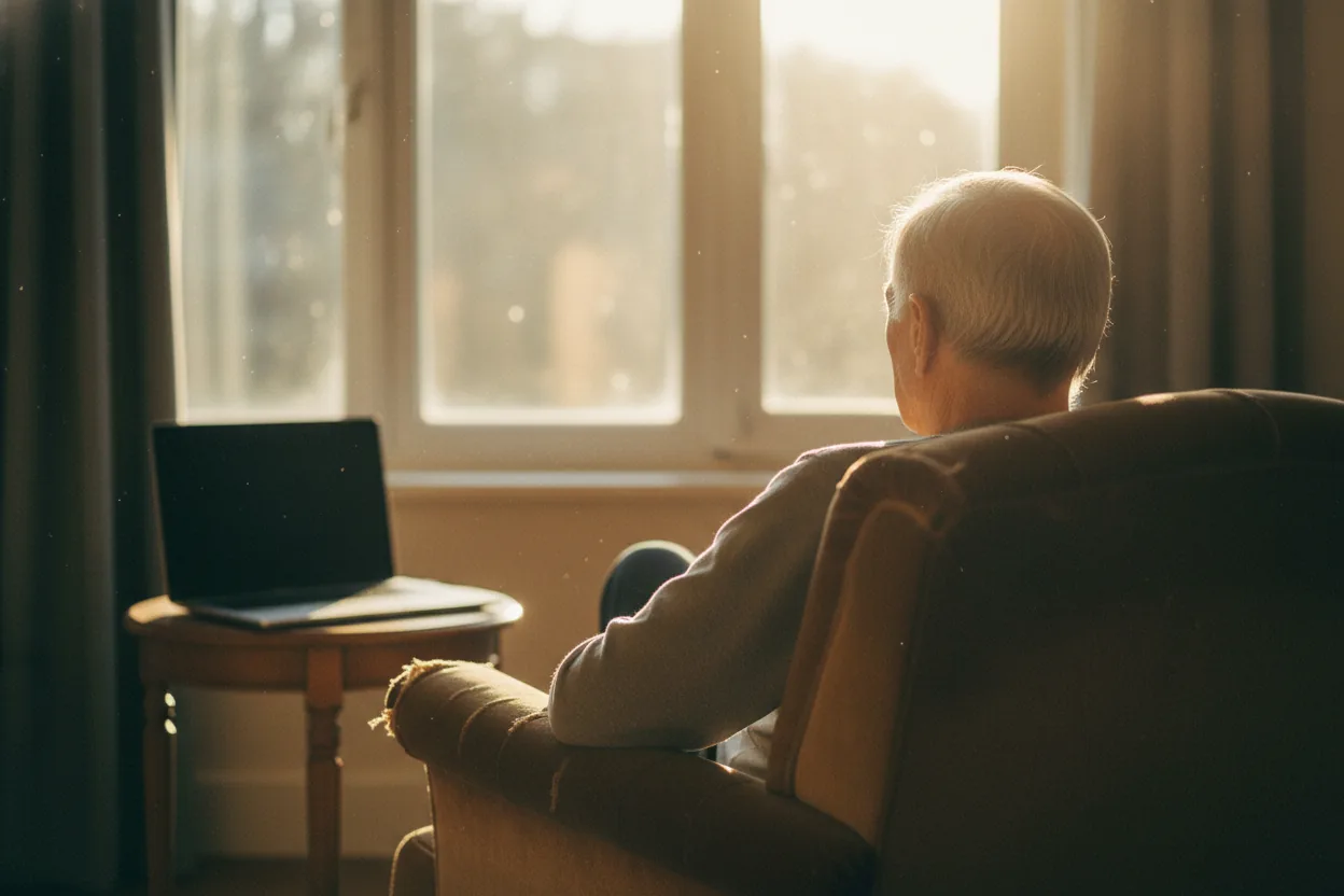 An older man sits quietly facing a sunlit window, photographed from behind